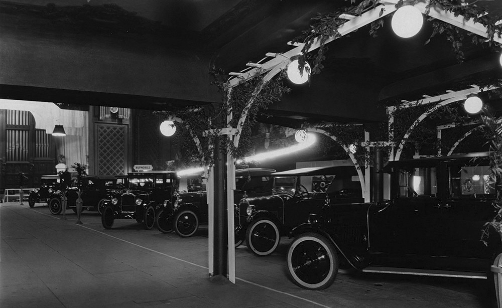 Auto Show 1923 autos in the auditorium on the temporary floor