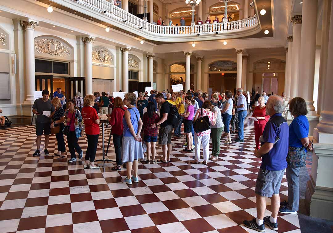 Visitors to Music Hall's Open House in the Foyer