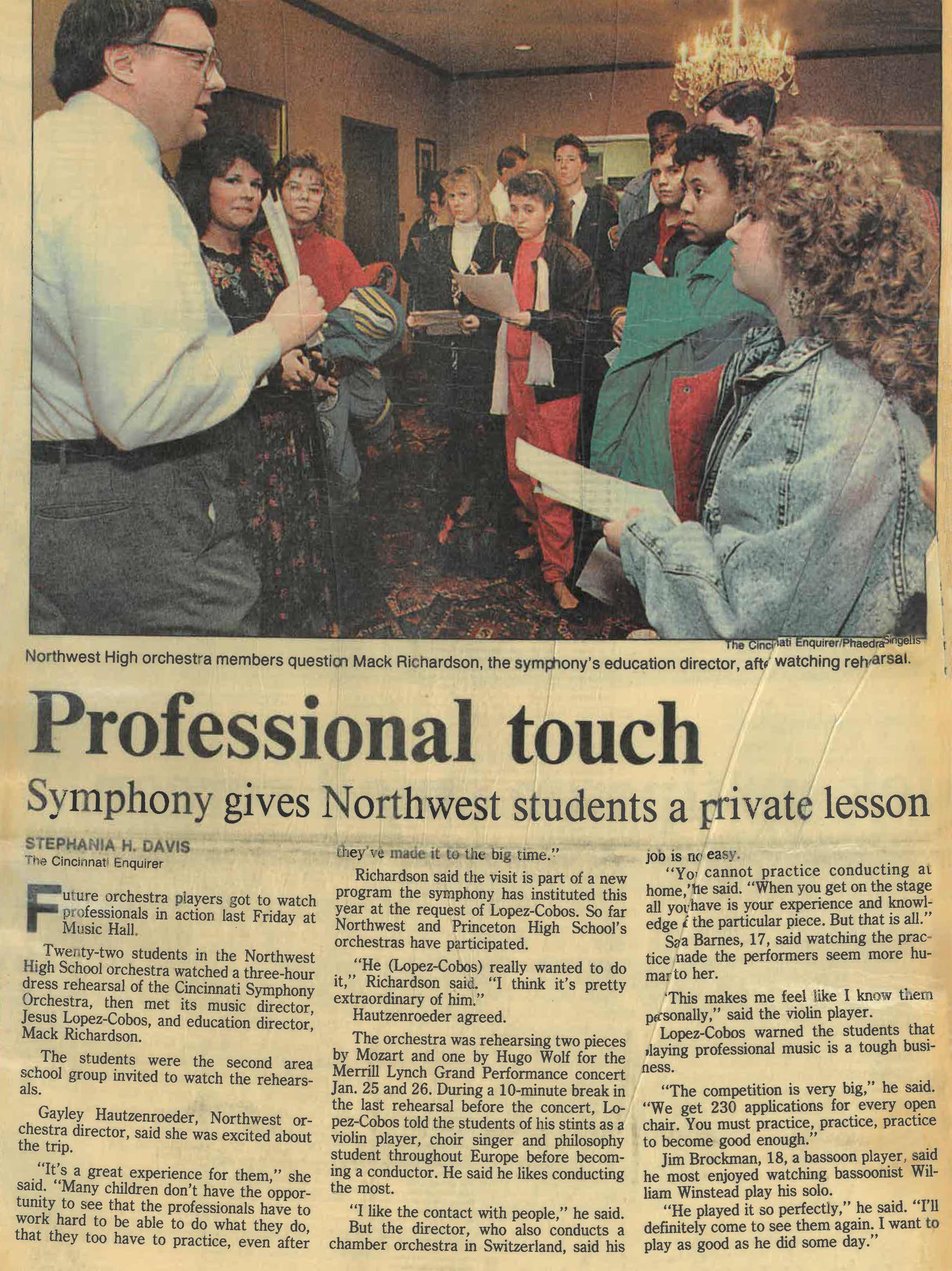 The Cincinnati Enquirer, January 1991, article on the CSO Education Program and Northwest High School students