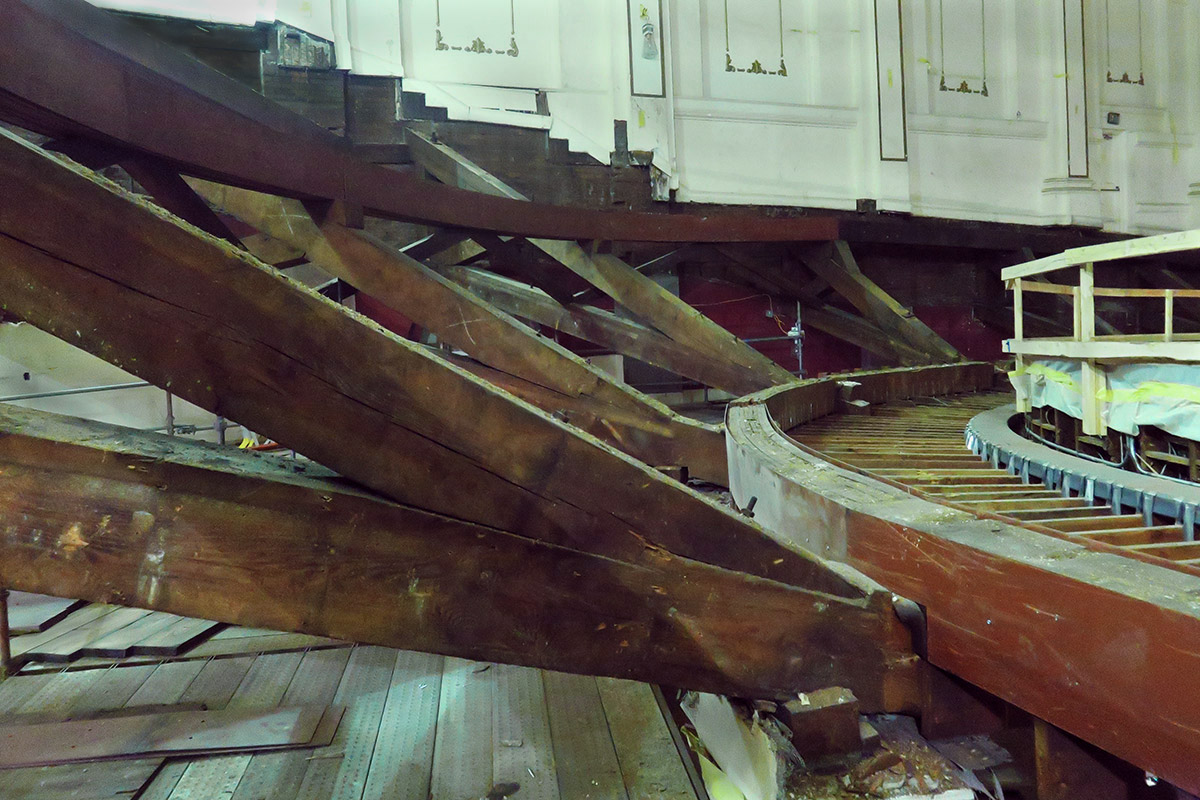 The joists supporting the balcony of Music Hall, as seen during the reconstruction.