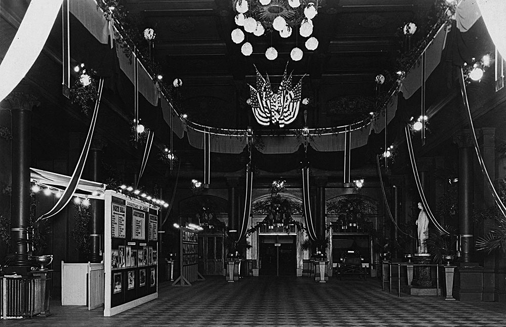 Music Hall Foyer for 1923 Auto Show, facing the entrance to the south hall