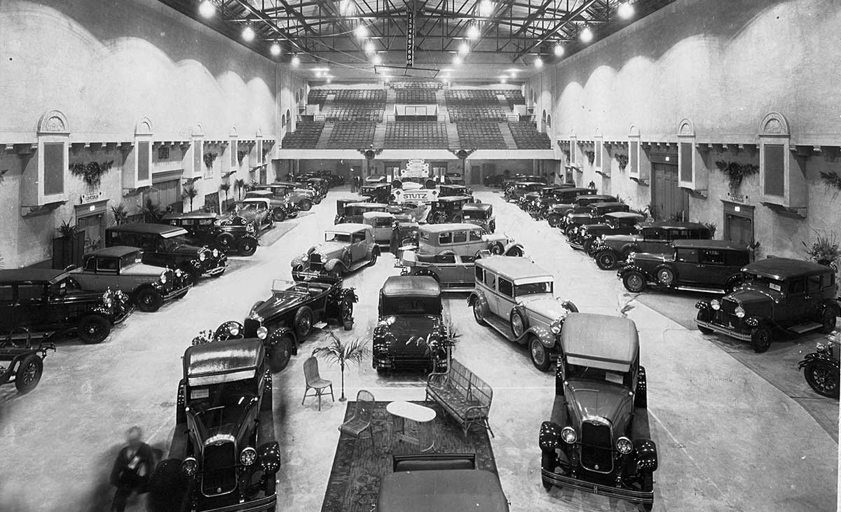 Auto Show display in the North Hall Sports Arena in the 1930s