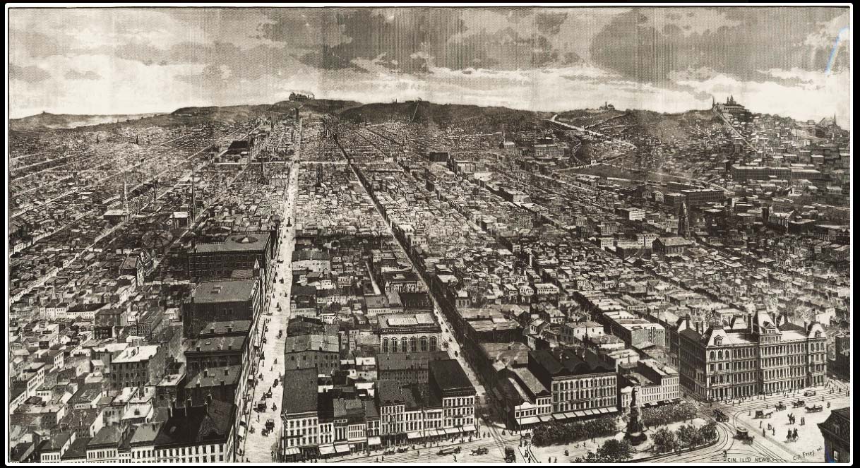 A Bird's Eye View of 1886 Cincinnati, looking north from Fountain Square (bottom right)