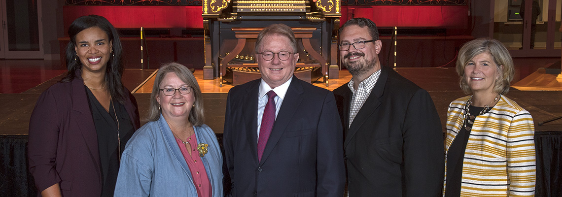 Speakers at the 2019 Friends of Music Hall Annual Meeting: Nicole Roberts of Kolar Design, FMH Board VP Tricia Johnson, Board President Peter Koenig, CSO VP of Communications Chris Pinelo and Lisa Allison, VP, Friends of Music Hall