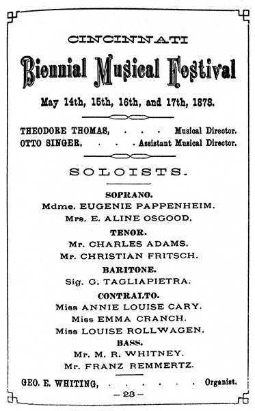 1878 Souvenir Program: Opening of Cincinnati Music Hall: Third Biennial Musical Festival. From the Collection of The Public Library of Cincinnati and Hamilton County