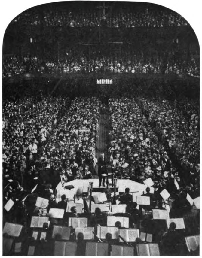1894 May Festival, Theodore Thomas on stage in Cincinnati Music Hall, Photo by John Closs Memoirs of Theodore Thomas by Rose Fay Thomas, 1911, pg. 177