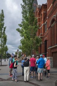 Patti Cruse leads an Outdoor Walking Tour of Cincinnati Music Hall, focusing on stories and architecture