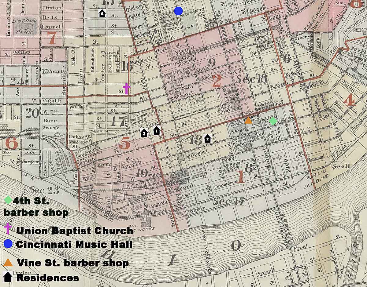 7-map showing Fountain Lewis's residences, barbershops, Union Baptist Church