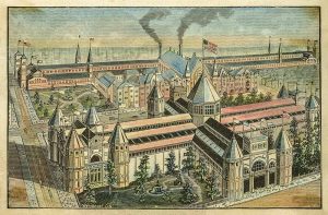 10-1888 Centennial Exposition, Park Hall in Washington Park, Machinery Hall over Miami and ERie Canal by H. W. Weisbrodt