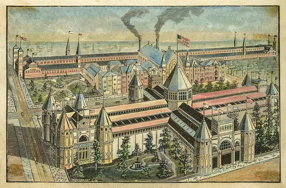 10-1888 Centennial Exposition, Park Hall in Washington Park, Machinery Hall over Miami and ERie Canal by H. W. Weisbrodt