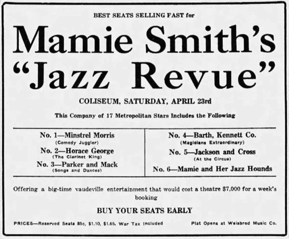 Advertisement for Mamie Smith's "Jazz Review," Richmond, Indiana, Paladium-Item, April 4, 1921