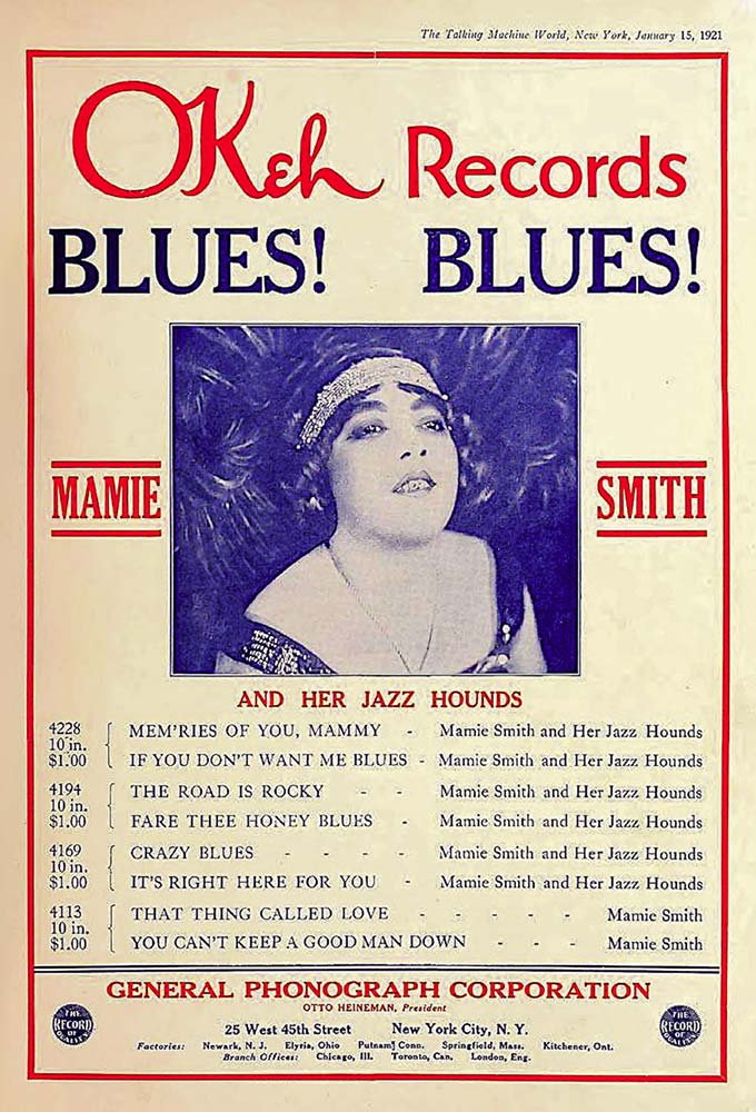 Advertisement for OKeh Records for Mamie Smith, in The Talking Machine World, New York, Jan. 15, 1921
