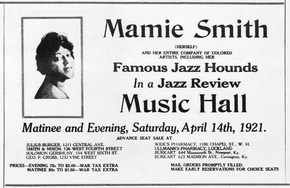 Advertisement for Mamie Smith and her Jazz Hounds, Cincinnati Music Hall, in The Union, April 16, 1921
