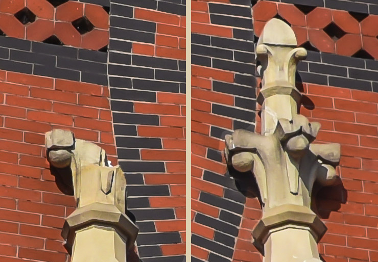 Finial on the left is damaged; finial on the right is complete