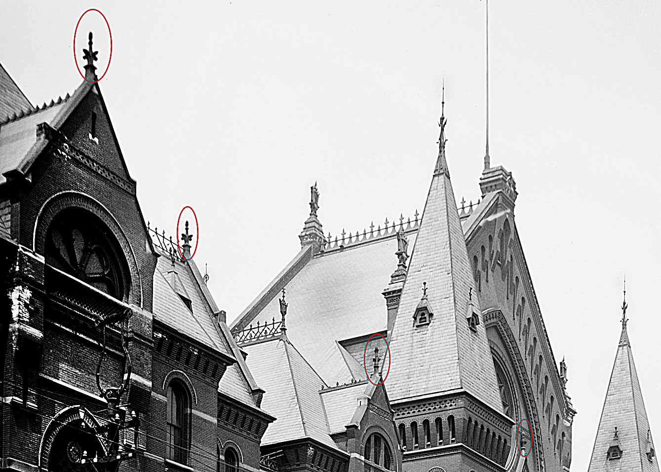 Historic photo of Music Hall showing some of the finials (circled in red)