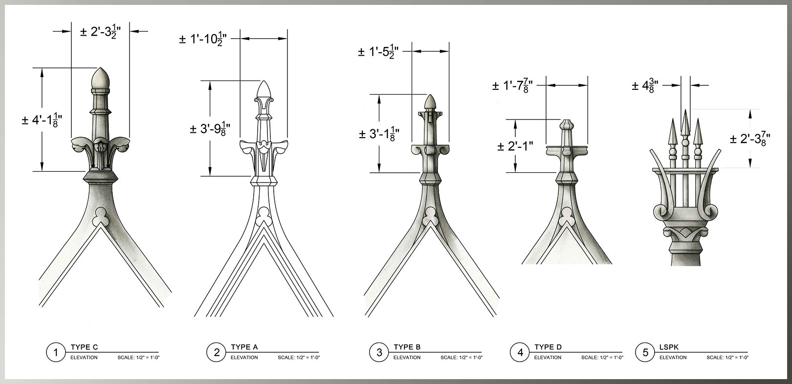 Designs drawn to scale of the 8 finials and existing sandstone lyre
