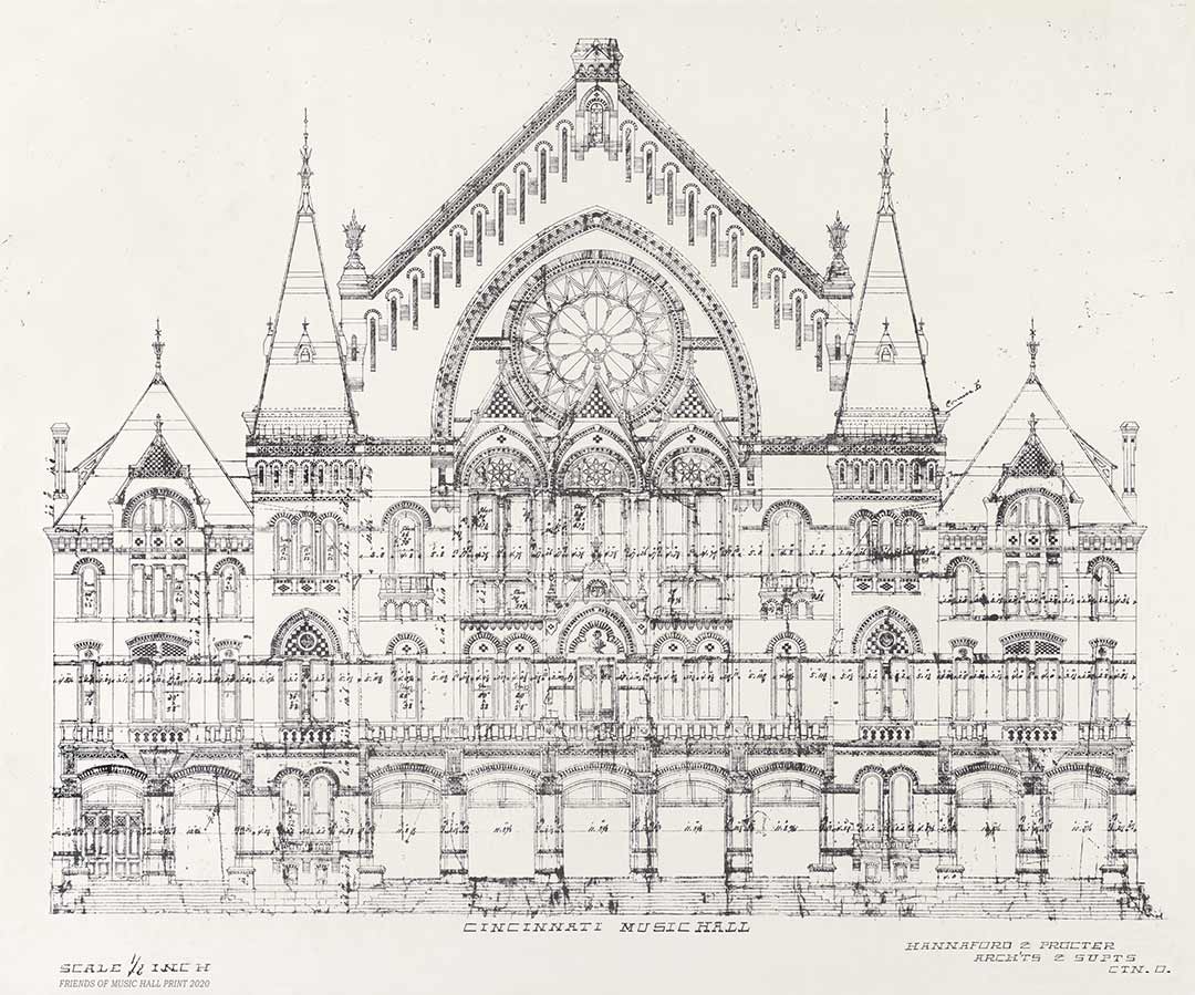 Samuel Hannaford's drawing of Music Hall's facade, retouched only to remove smears and stains