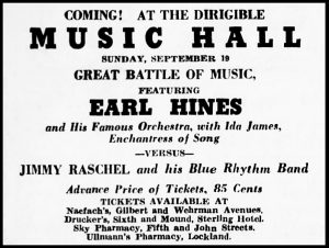 Earl Hines, Ida James, Jimmy Raschel Ad, Cincinnati Enquirer, September 13, 1937