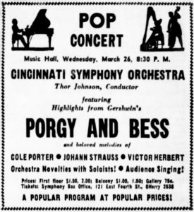 Ad: CSO Pop Concert, Thor Johnson, Conductor, Porgy and Bess, Cincinnati Enquirer, 3-16-1952