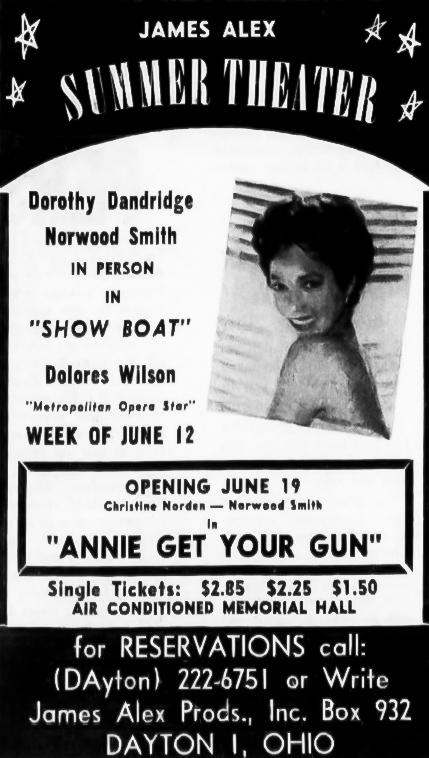 Ad for Show Boat, Dorothy Dandridge, Week of June 12, Memorial Hall, Dayton Daily News, 6-11-1962