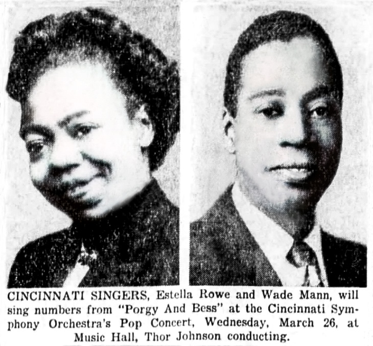 Estella Rowe and Wade Mann, "Cincinnati Singers," Cincinnati Enquirer 3/18/1952