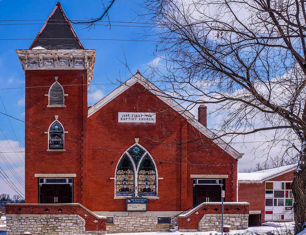 First Baptist Church, Walnut Hills, 2926 Park Ave., at the corner of Lincoln Ave.