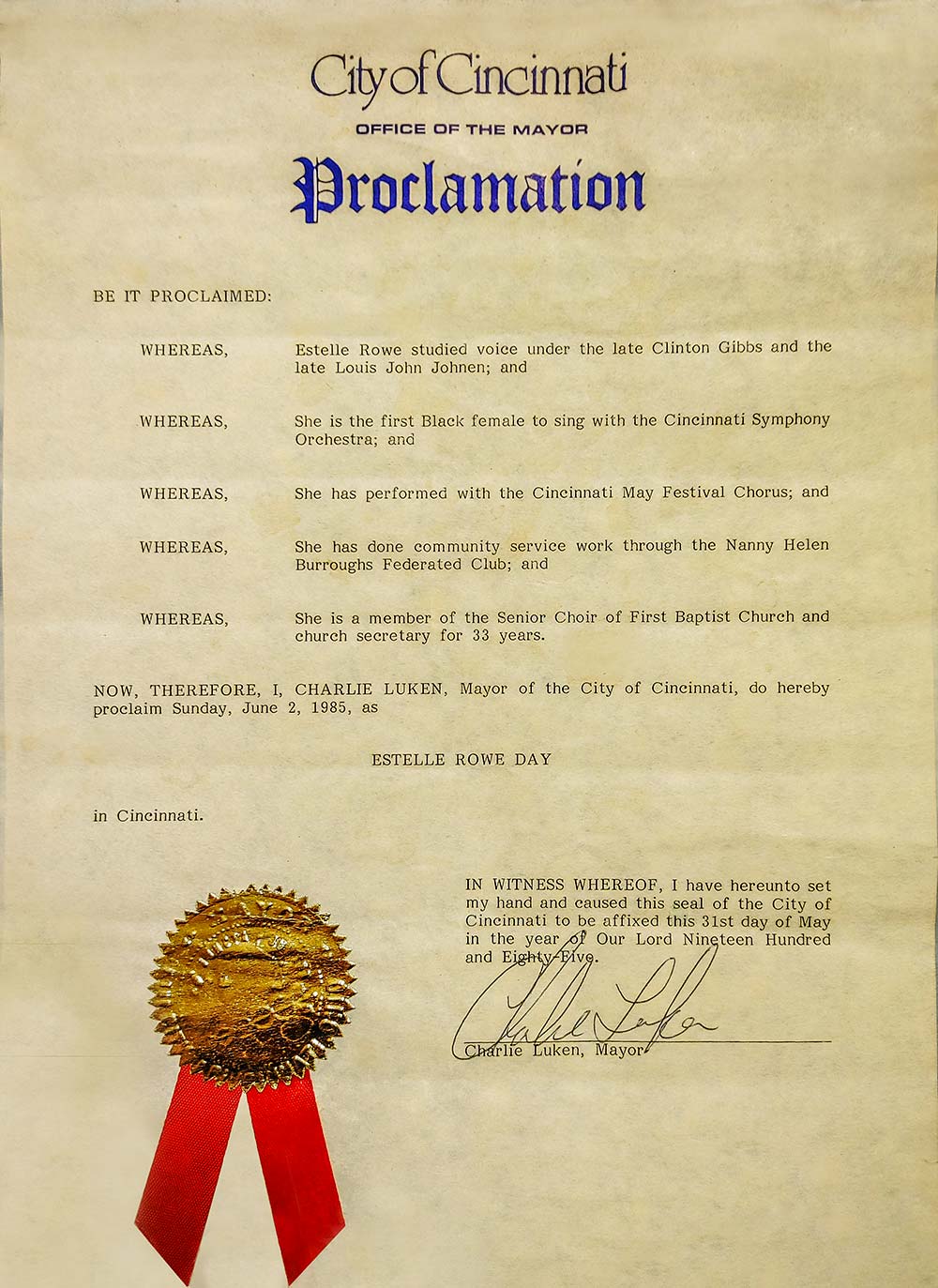 Proclamation by Mayor Luken for Estella Rowe Day, June 2, 1985