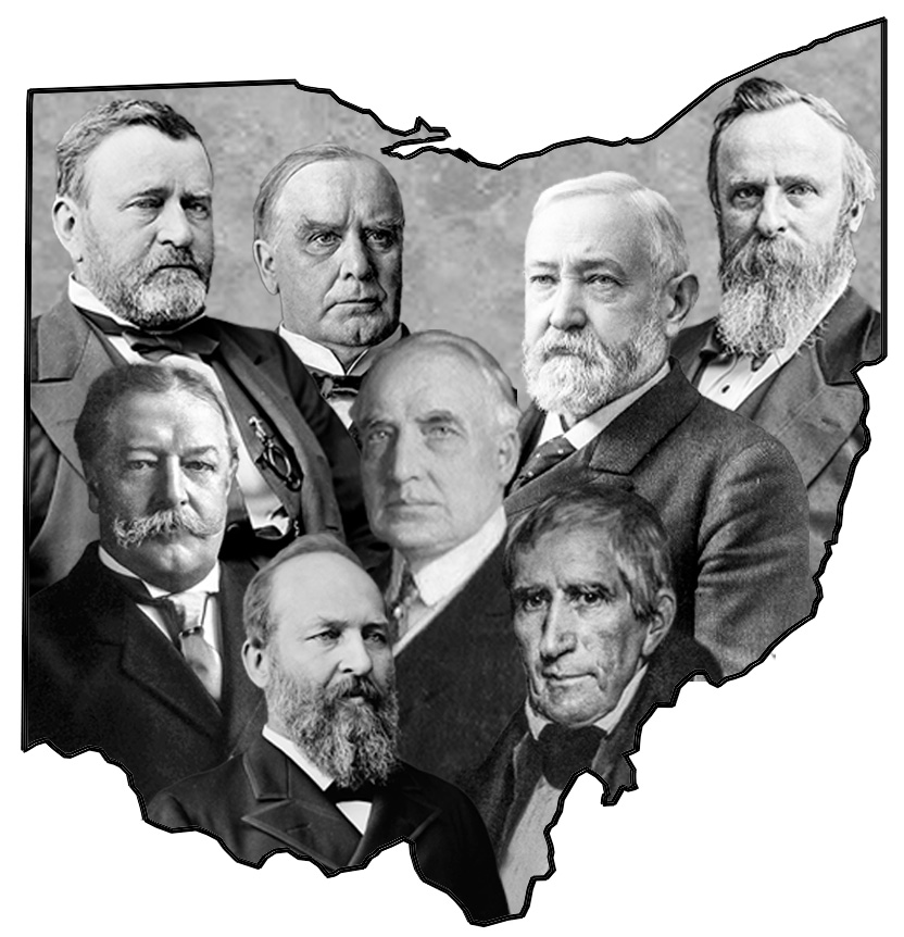 Presidents from Ohio. Clockwise from top left: Grant, McKinley, B. Harrison, Hayes, W. Harrison, Garfield. Taft; center: Harding
