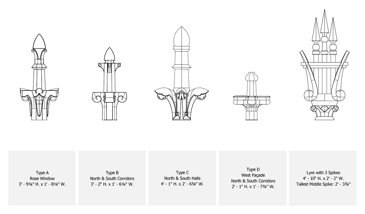3D drawings of 4 Finials and Lyre by Arya Design