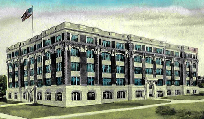 Lithograph of the Old Woodward School building in Cincinnati, Ohio constructed in 1907.