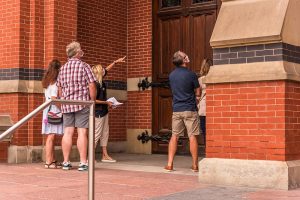 Friends of Music Hall volunteer Becky Moeggenberg leading a tour in fall, 2020