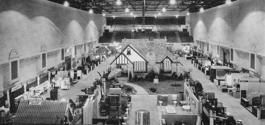 1928 Home Beautiful Expo with Model Home amid exhibits in the north wing.