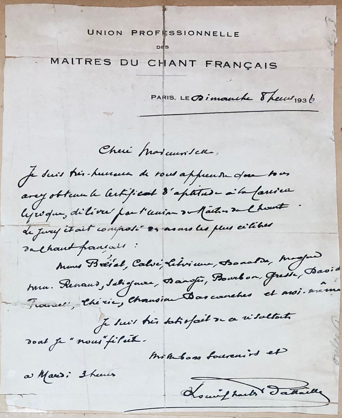 Félicitations Letter from Louise Charles Battaille, Professional Union of Masters of French Singing, NRW Scrapbook, Wyoming Historical Society