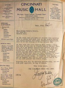 Letter from Music Hall Manager, John J. Behle, NRW Scrapbook, Wyoming Historical Society