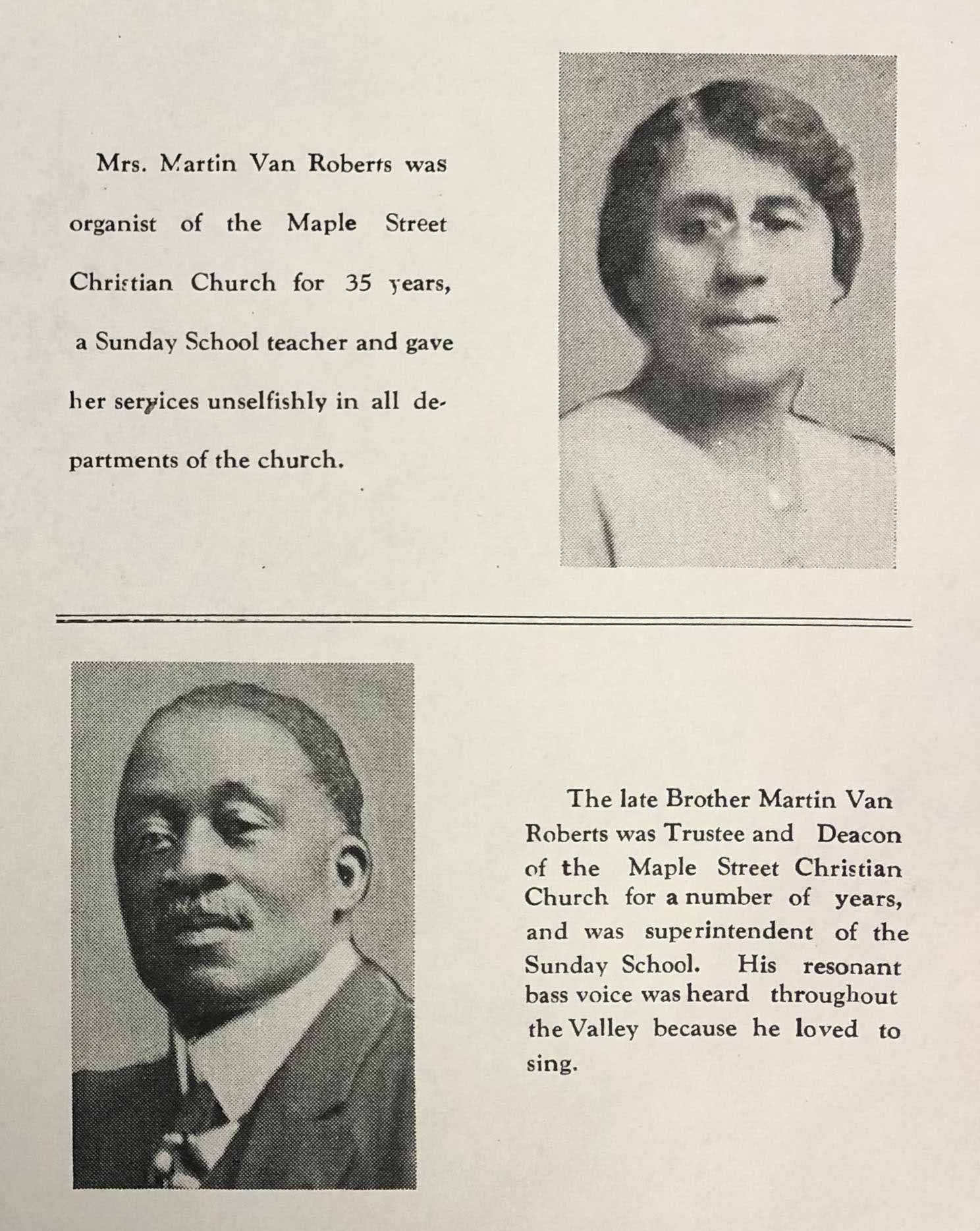 2. Mr. Martin Van and Mrs. Ella Taylor Roberts, Maple Street Church Brochure, NRW Scrapbook, Wyoming Historical Society