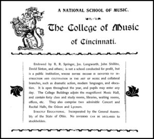 Ad for the College of Music, from the CSO's program for the 1895-1896 season