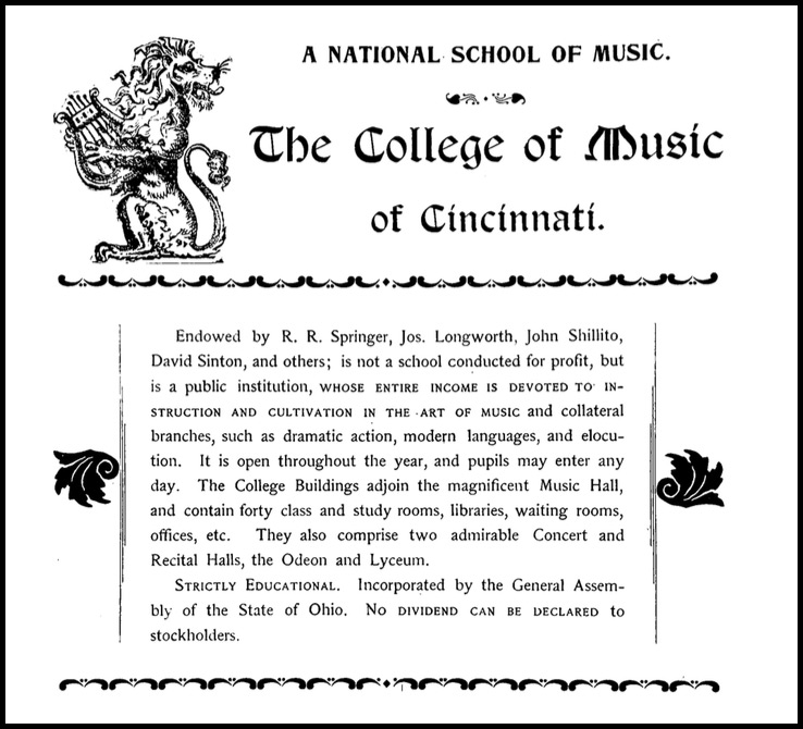 Ad for the College of Music, from the CSO's program for the 1895-1896 season