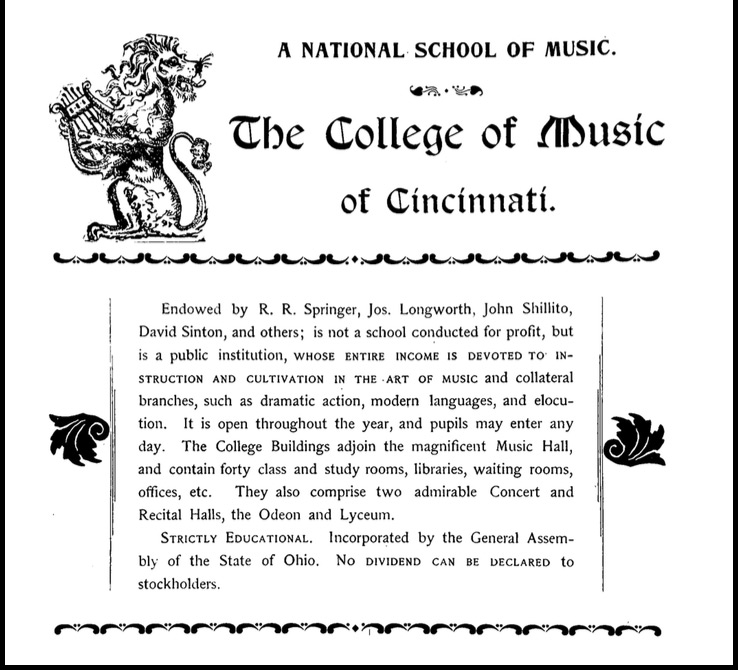 Advertisement for the College of Music, from the program for the CSO's second season
