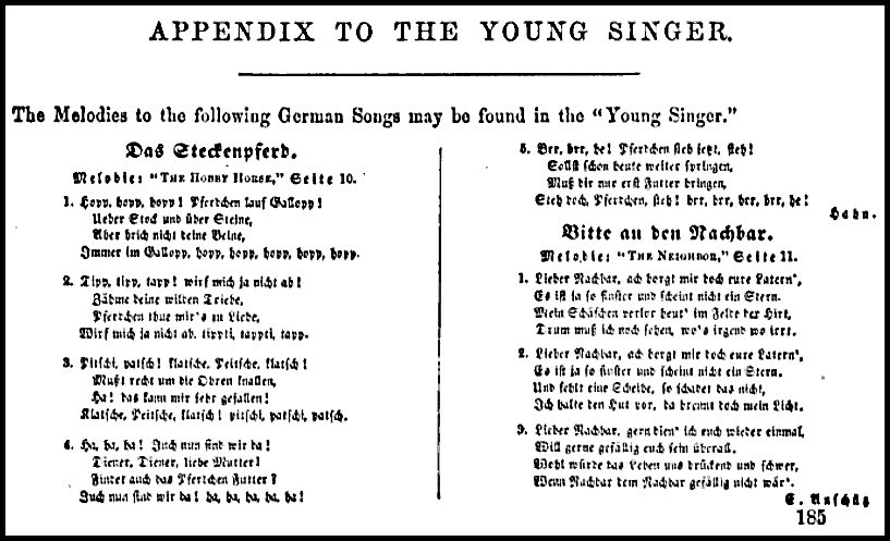 1860 The Young Singer: the Appendix of songs in German.