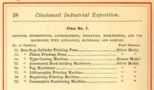 Premium List-Medal Winners, Class No. 7 Printing, Cincinnati Industrial Exposition, Saengerhalle, 1872, p.18.