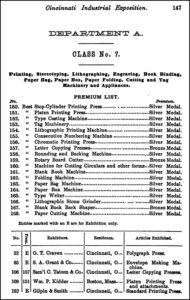 Premium List, Dept. A, Class No. 7 Printing, Seventh Cincinnati Industrial Exposition, Music Hall, 1879, p.147.