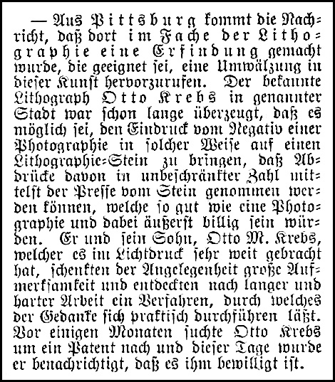 Otto Krebs and Son Apply for Patent, Illinois Staats-Zeitung (Chicago), Jan. 26, 1888, p2. Translation by Don Heinrich Tolzmann