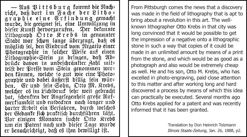 Otto Krebs and Son Apply for Patent, Illinois Staats-Zeitung (Chicago), Jan. 26, 1888, p2. Translation by Don Heinrich Tolzmann