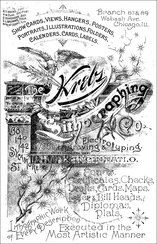 Krebs Lithographing Co., Branch 87&89 Wabash Ave., Chicago, ILL., 1888 Williams’ Cincinnati Directory, p.1663.
