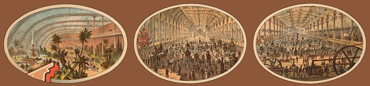 1879 Expo Poster Oval Detail: Horticultural Hall, Music Hall, and Machinery Hall.