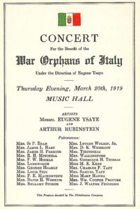 Program for a concert held March 20, 1919, for the benefit of War Orphans of Italy.