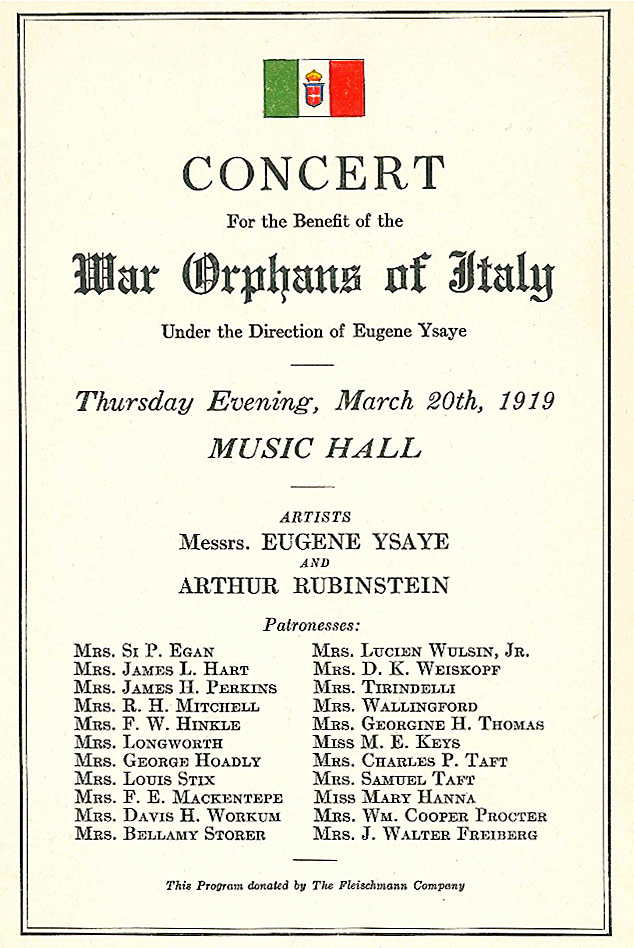 Program for a concert held March 20, 1919, for the benefit of War Orphans of Italy.