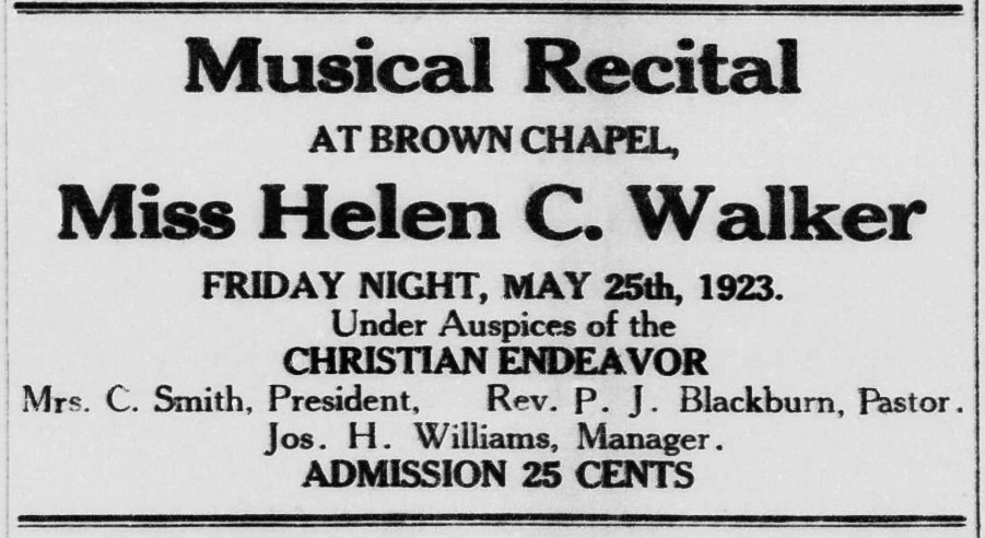 AD, Miss Helen C. Walker, Brown Chapel, The Union, May 26, 1923, p.1
