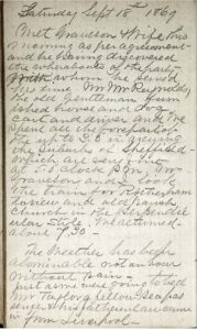 a photo of a page from Hannaford's diary, Sept. 18, 1860, in which he writes of meeting Graveson and his wife for breakfast. Image courtesy of CHCPL