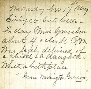 Photo of a page from Hannaford's diary in which he recounts that, while sailing back to New York, Mrs. Graveson delivered her baby, Grace. Image courtesy of CHCPL